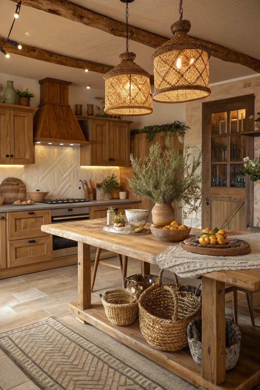 Infuse warmth into your kitchen with wood accents that enhance the bohemian vibe.