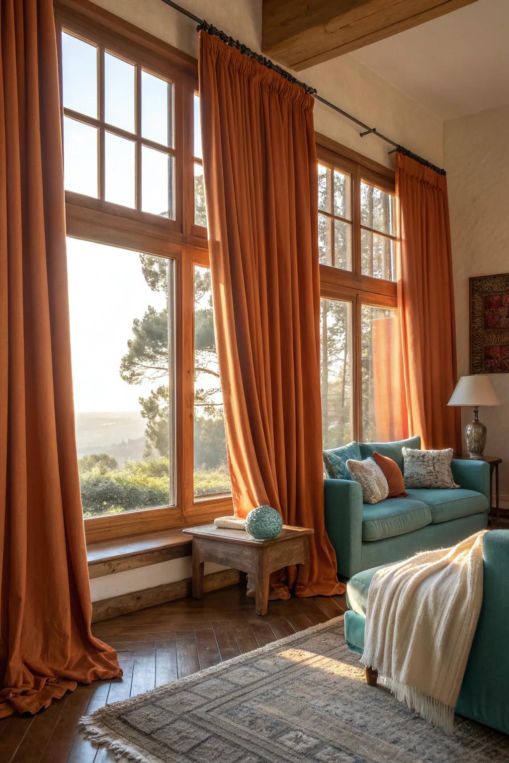 Burnt orange curtains frame windows beautifully, adding warmth and privacy. 🌅 #WindowTreatments #HomeStyle