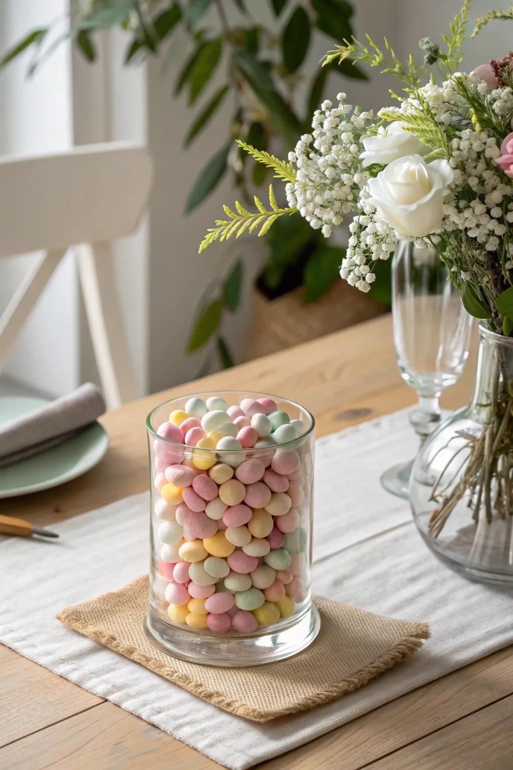 Celebrate the season with a candy centerpiece in festive colors.