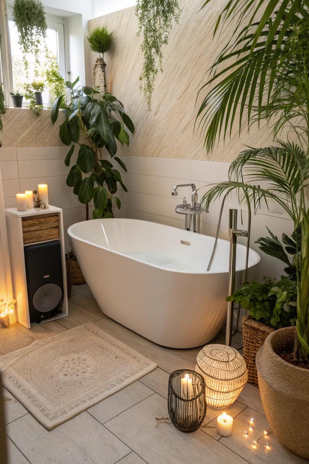 Combine relaxation and technology with a corner freestanding tub that offers modern features for an enhanced experience.