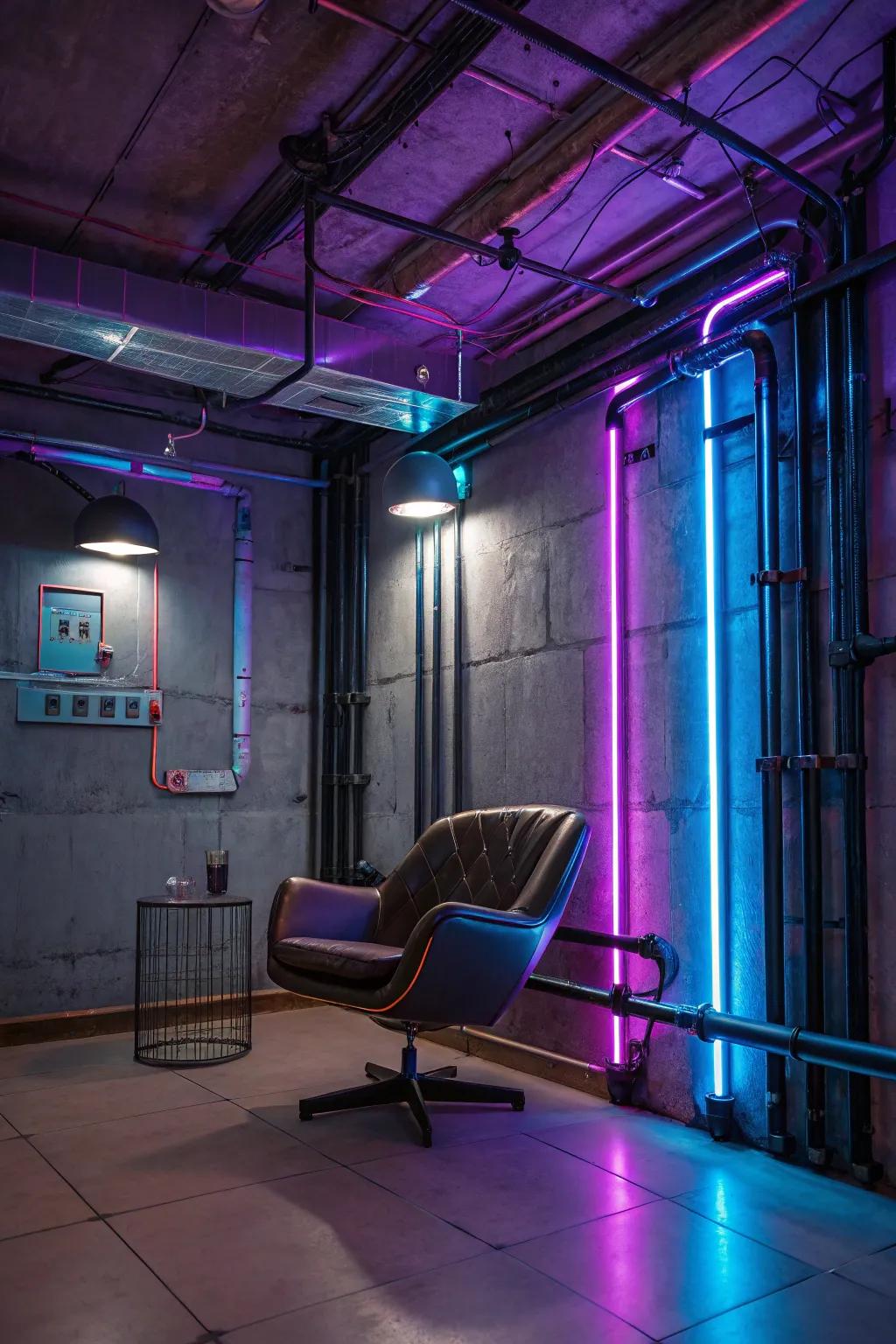 Exposed pipes and wiring add a raw, industrial touch to your cyberpunk decor.