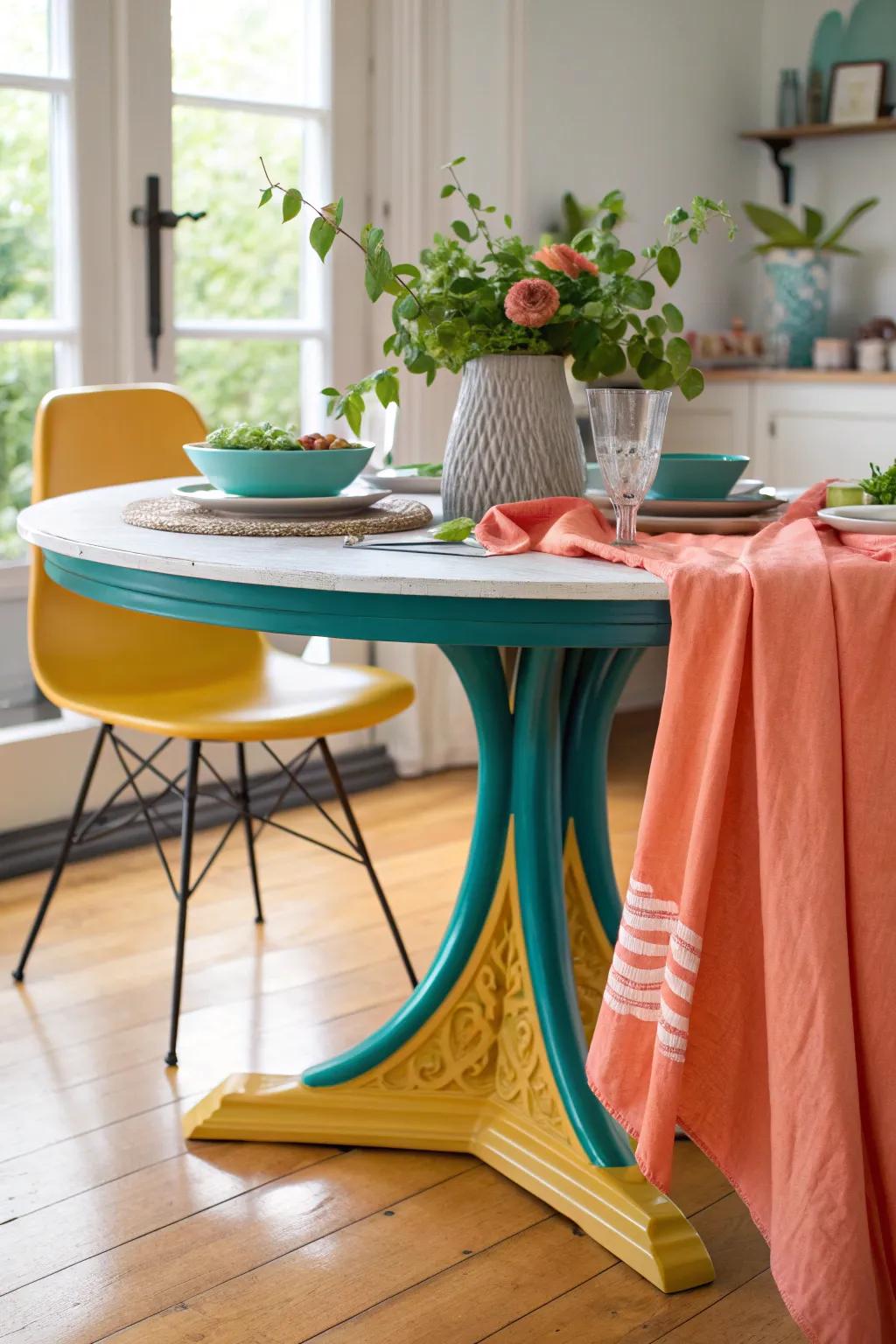 A vibrant base adds a playful twist, creating a lively and dynamic dining space.