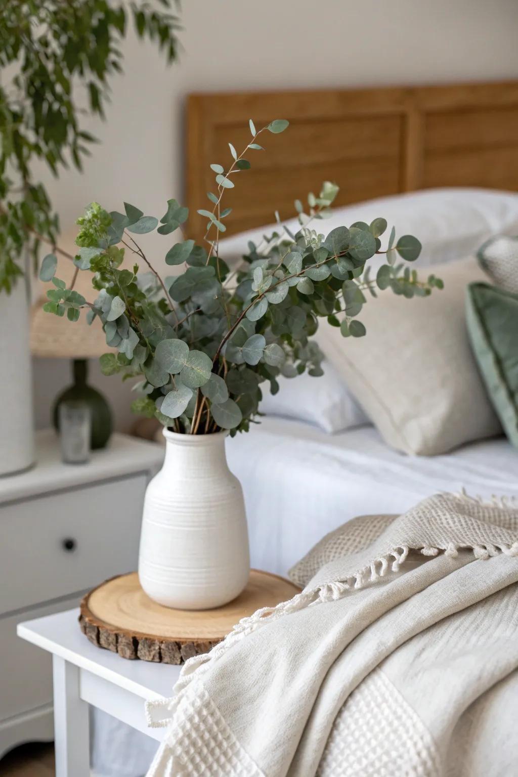 Add a soothing touch to your bedroom with calming eucalyptus decor.