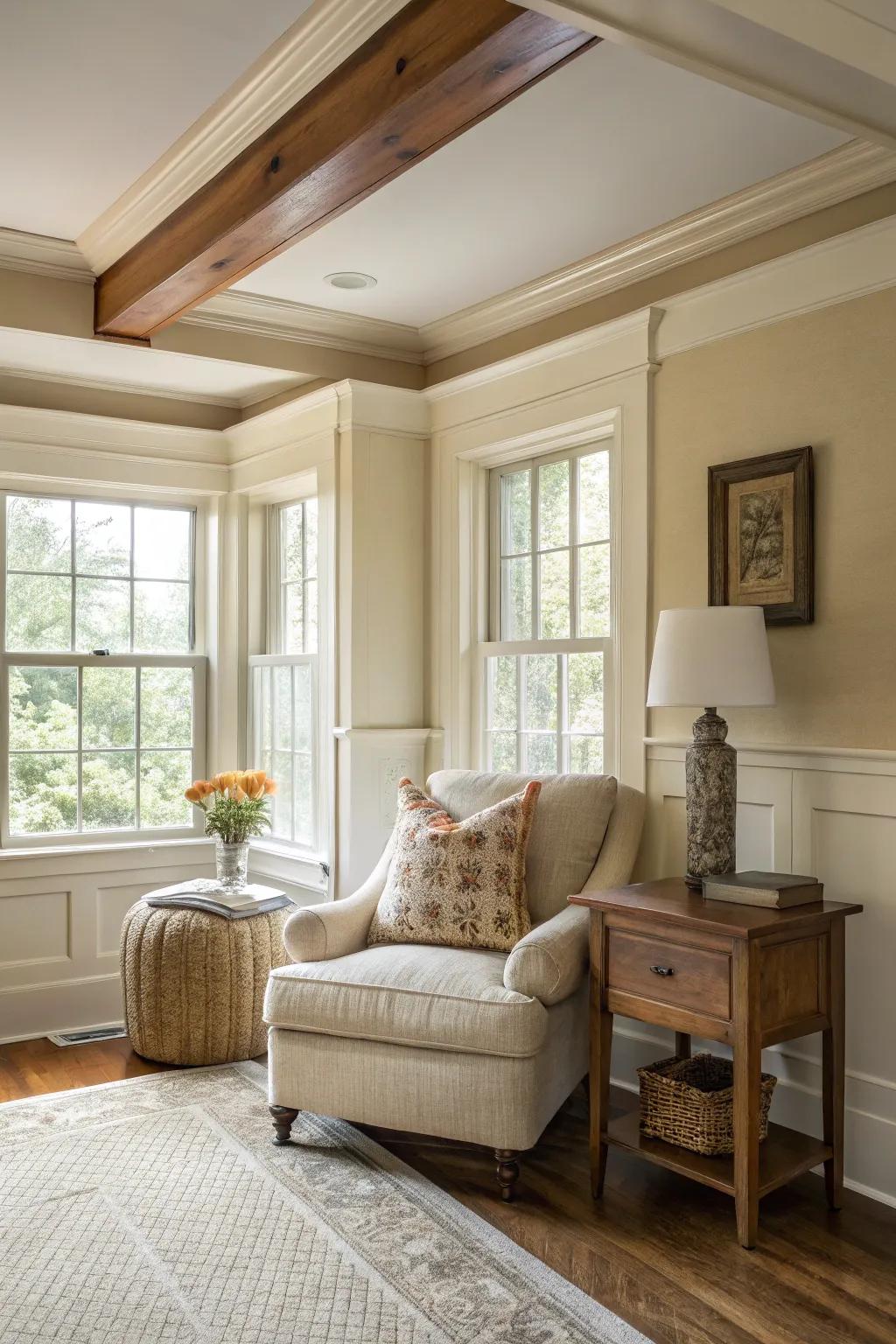 Textured crown molding adds a tactile layer to farmhouse decor. 🌾 #TextureLover #CozySpaces