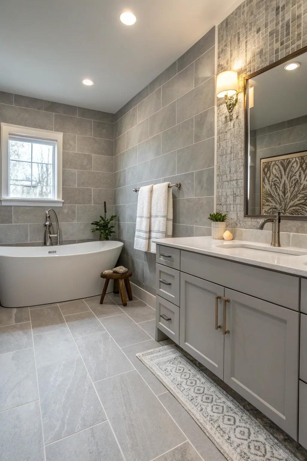 Find serenity in minimalist simplicity with sleek grey tiles.