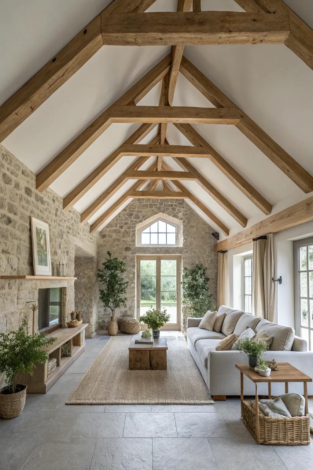 Harmonize your space with natural elements that complement wooden beams beautifully.