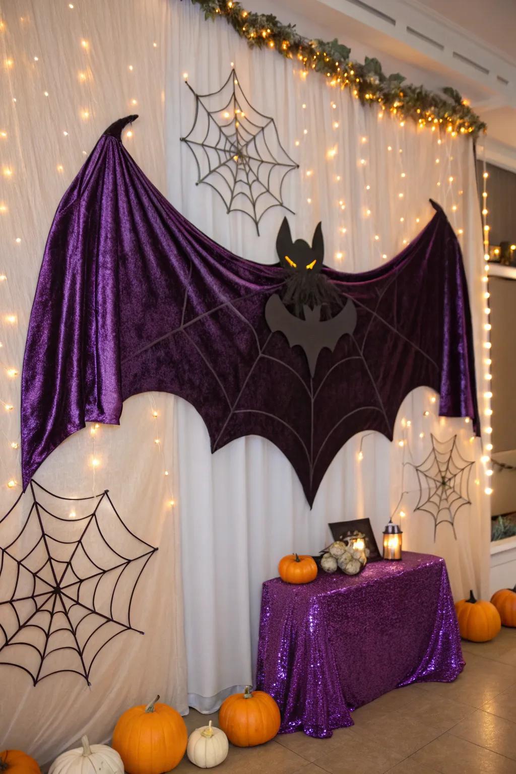 A bat-themed backdrop is a striking addition that guests will love for photos and fun! 🦇 #BatBackdrop #PhotoFun