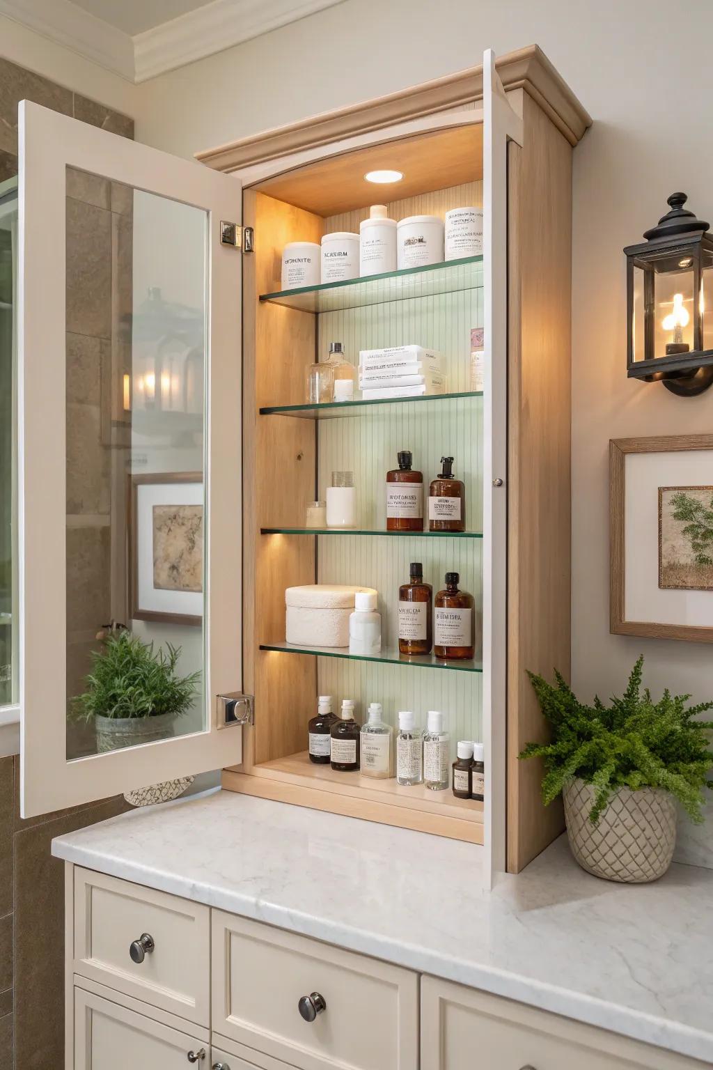 Adjustable shelving offers the flexibility to fit any size of medicine bottle.