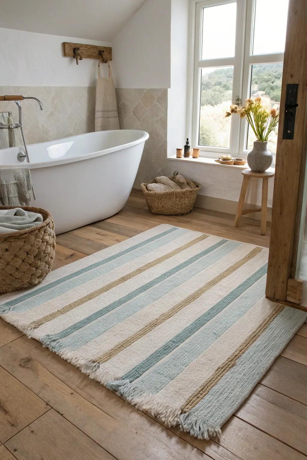 Bring a playful vibe to your bathroom with a chic striped rug.