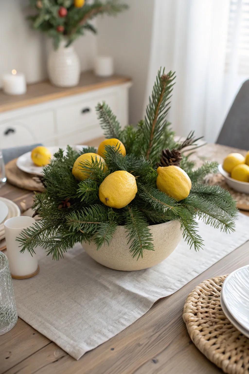 Combine the freshness of lemons with the festive feel of pine for a unique holiday centerpiece.