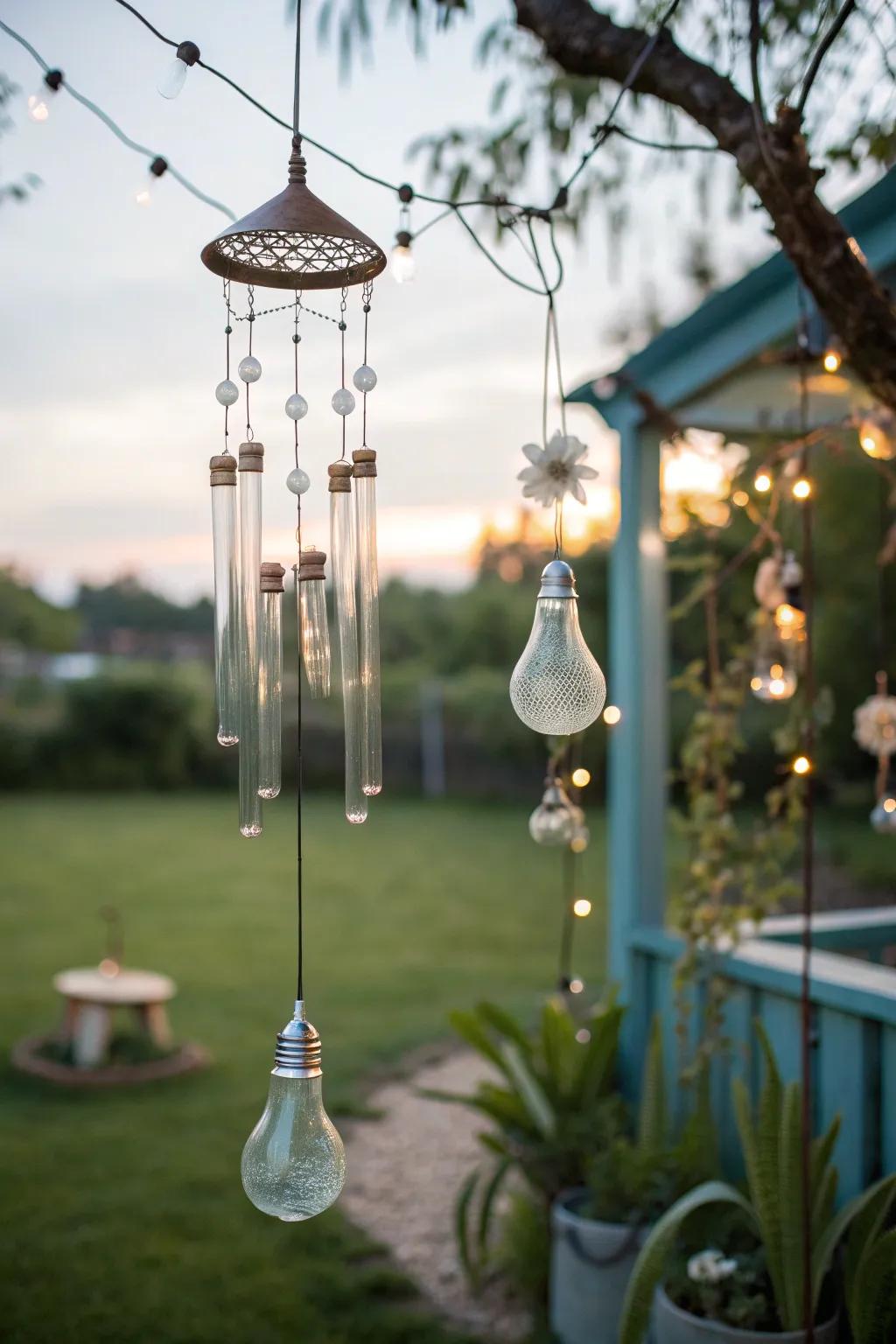 Add a whimsical touch to your garden with these ethereal light bulb wind chimes. #GardenDecor #RelaxingSounds 🎶