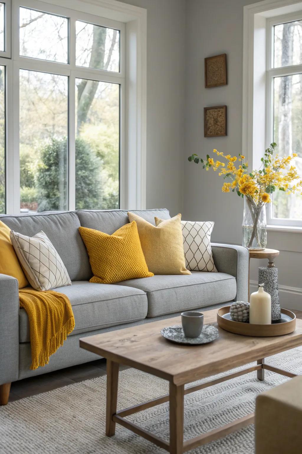 Infuse your space with energy and brightness using marigold yellow and gray. 🌼 #LivingRoomDecor