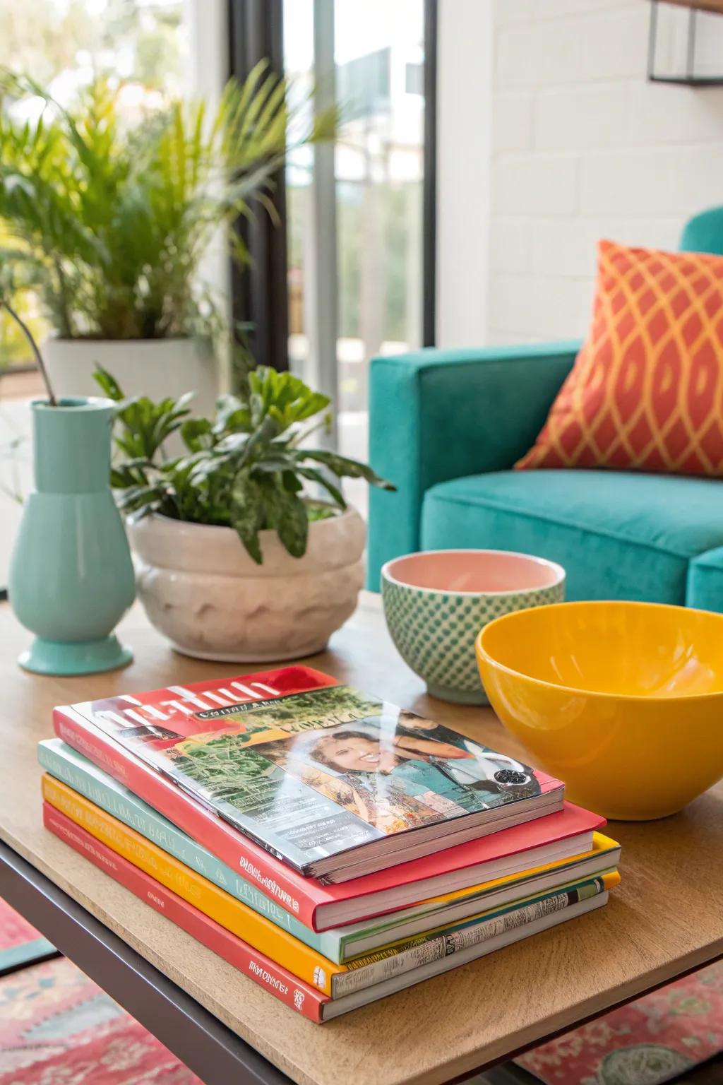 Create a stylish coffee table display with a curated stack of magazines. ☕ #TableDecor #MagazineArt #LivingRoomInspo