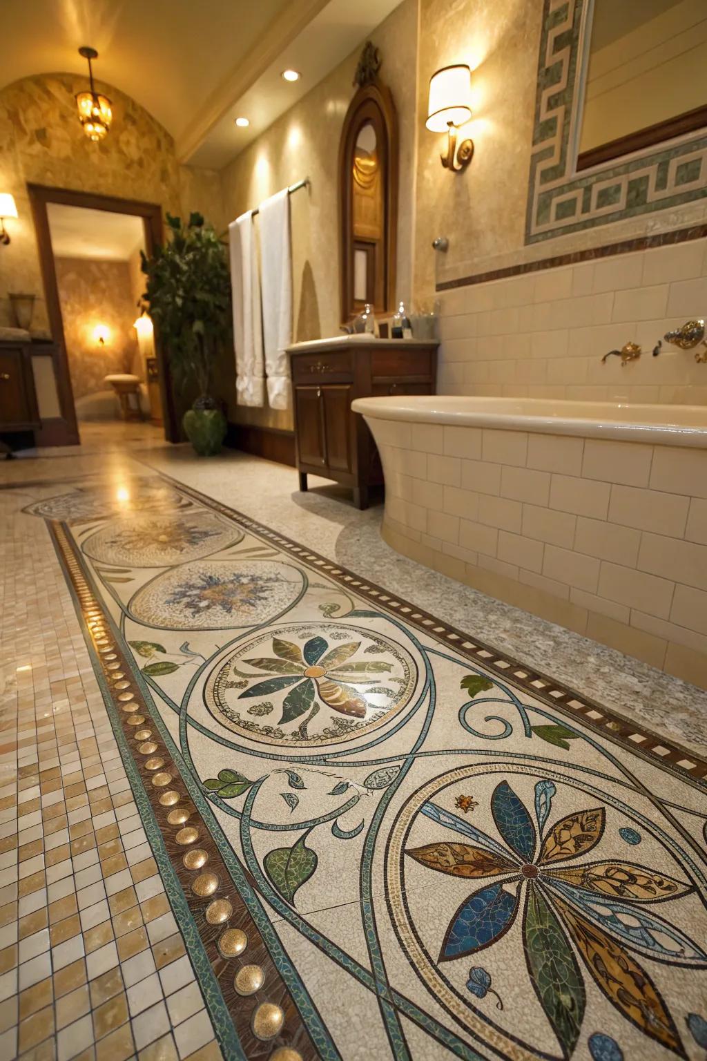 Artistic inlays in mosaics make your floor the focal point, a true masterpiece of design. 🎨 #ArtisticInteriors #BathroomCenterpiece