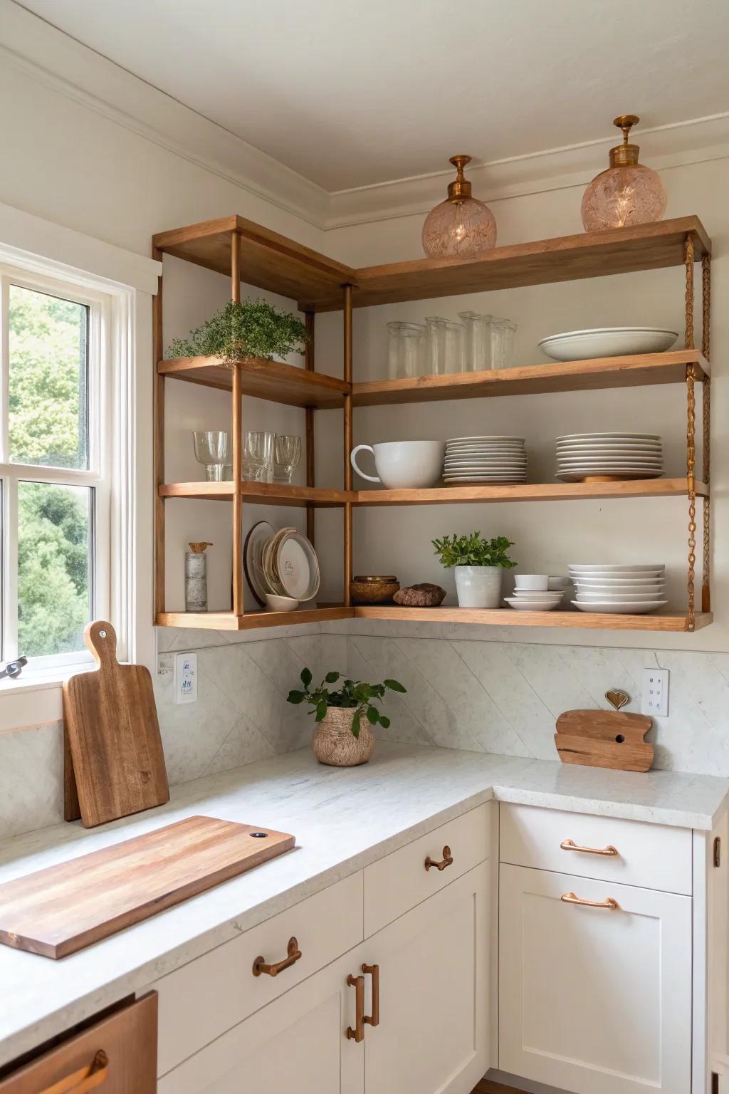 Incorporate metal accents into your open shelving for a contemporary twist in your kitchen.