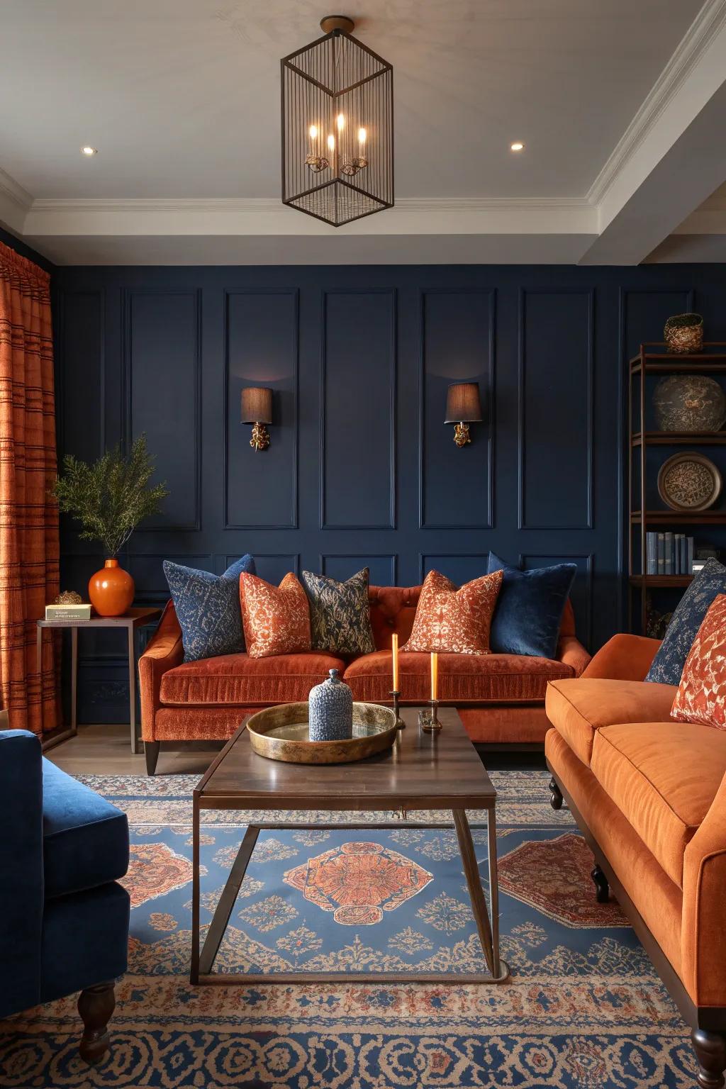 Achieve harmony with symmetrical arrangements in your orange and blue living room. #Symmetry #HarmoniousDesign 🔄