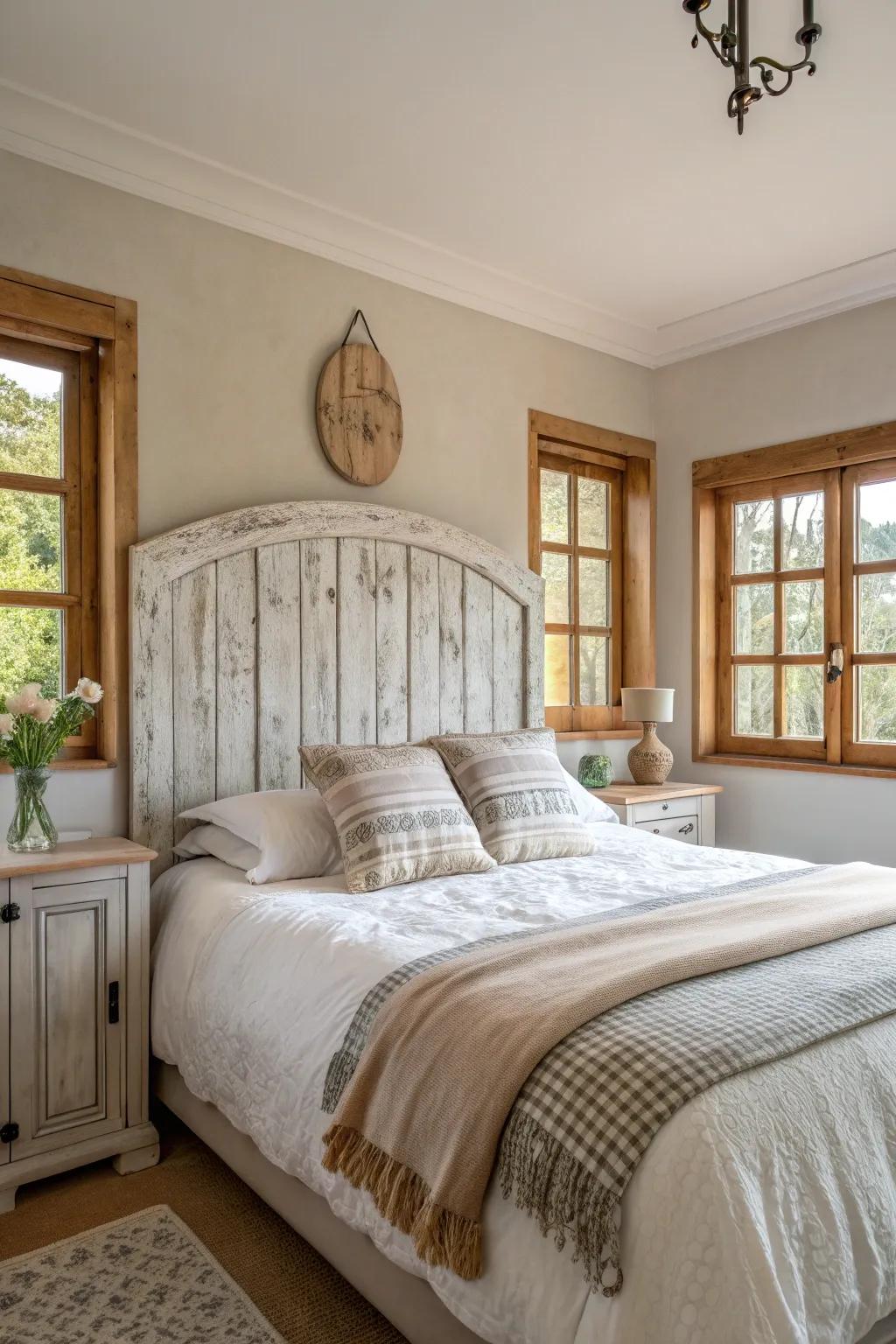 Warm up your space with rustic romance using a weathered-look painted headboard.