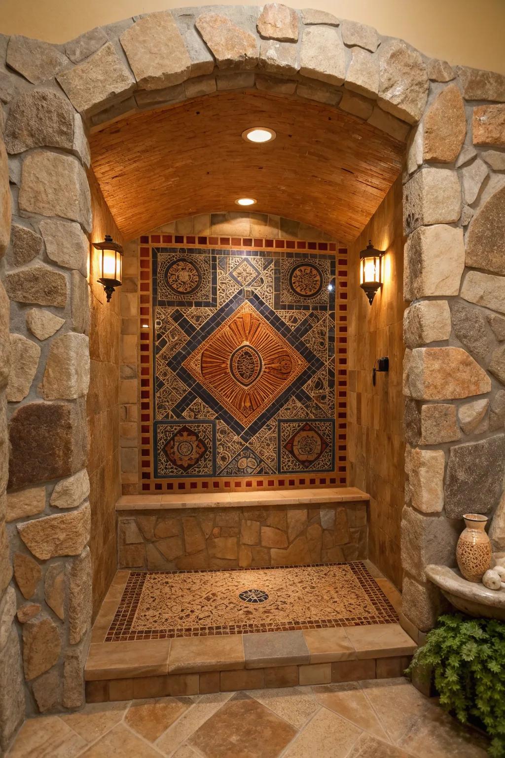 Add artistic flair to your shower with intricate mosaic tiles that complement stone elements.