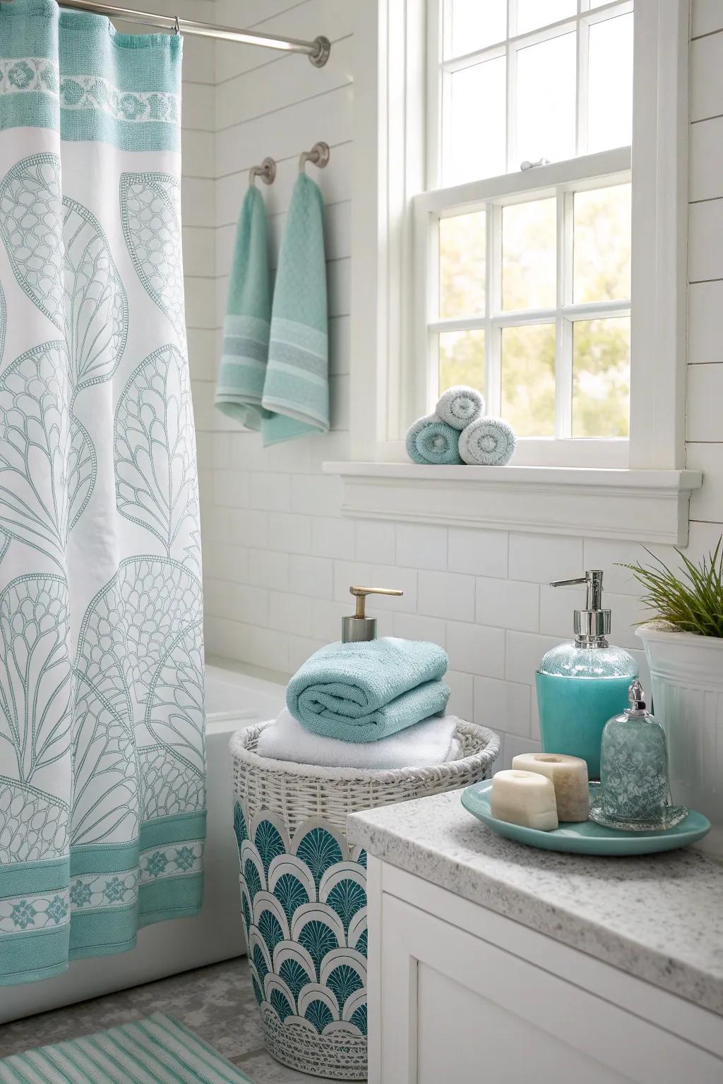 Aqua accents bring the ocean inside, enriching the sea salt theme.