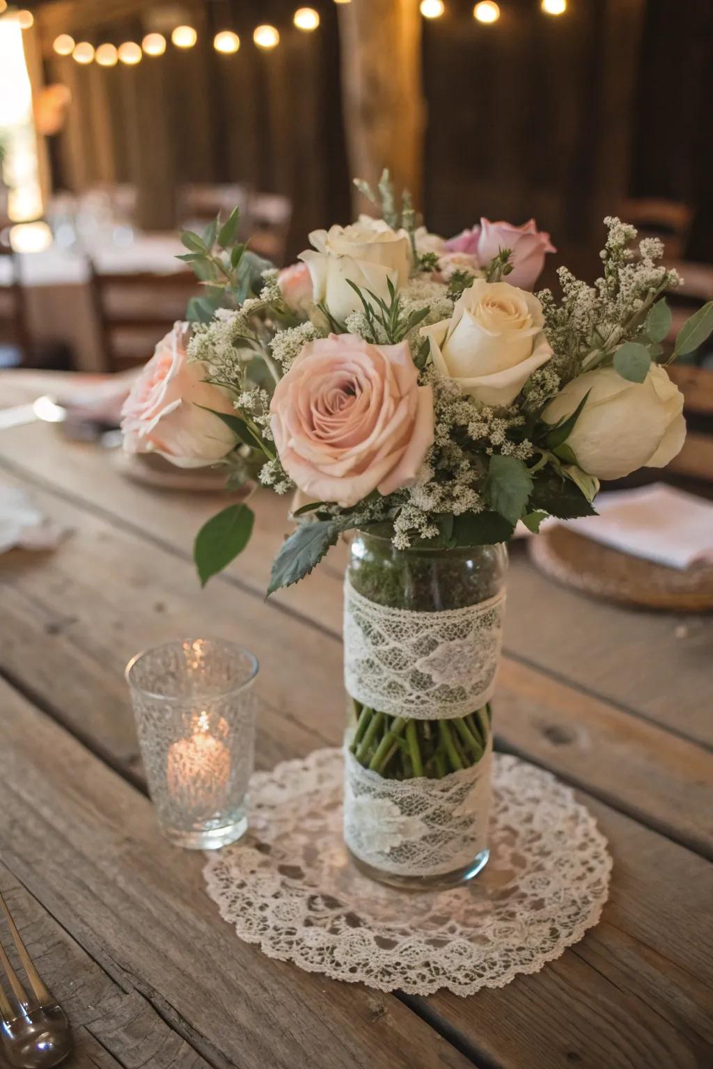 Lace-wrapped vases offer a romantic, vintage-inspired touch.