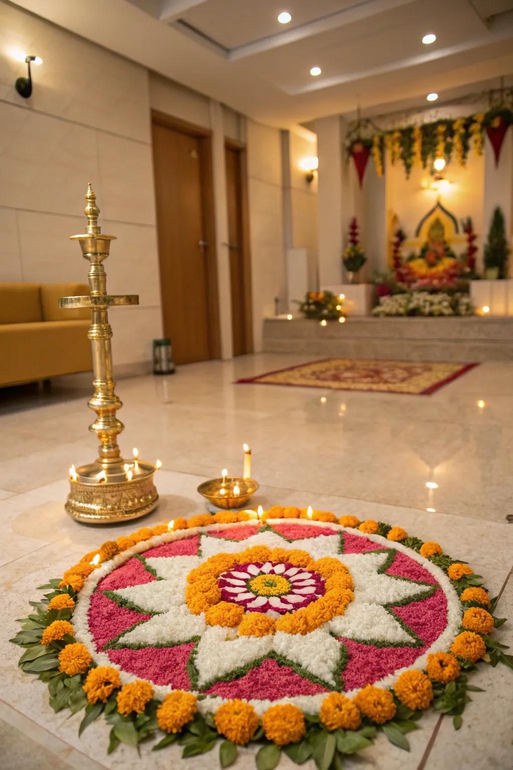 Enhance your pooja setting with a traditional rangoli, welcoming blessings with its festive charm. 🎨 #RangoliArt #FestivalDecor