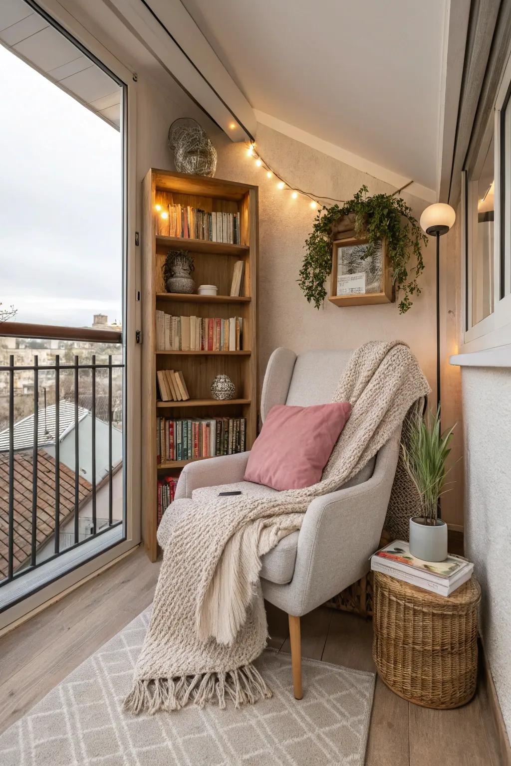 A reading nook turns your balcony into a literary haven. 📚 #ReadingNook #CozySpaces
