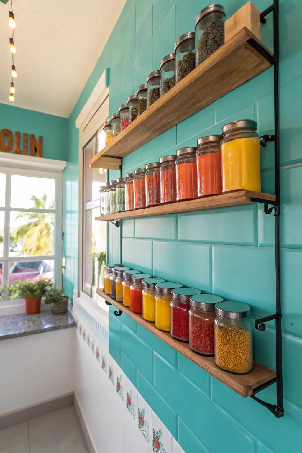 Create an airy and minimalist vibe with floating shelves for your spices.