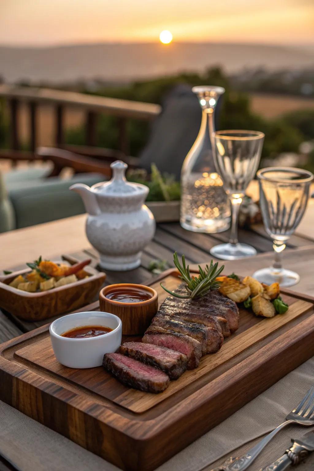 Elevate your steak board with elegant glassware that adds a touch of sophistication.