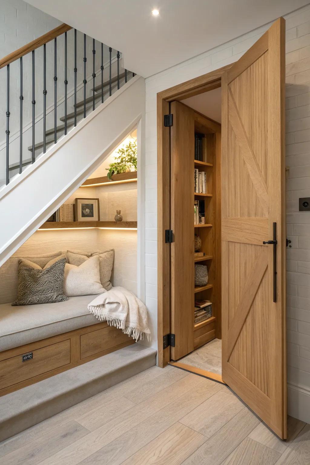 Transform under-stair space into a hidden gem of functionality and charm. 📚 #UnderStairStorage #CozyCorners