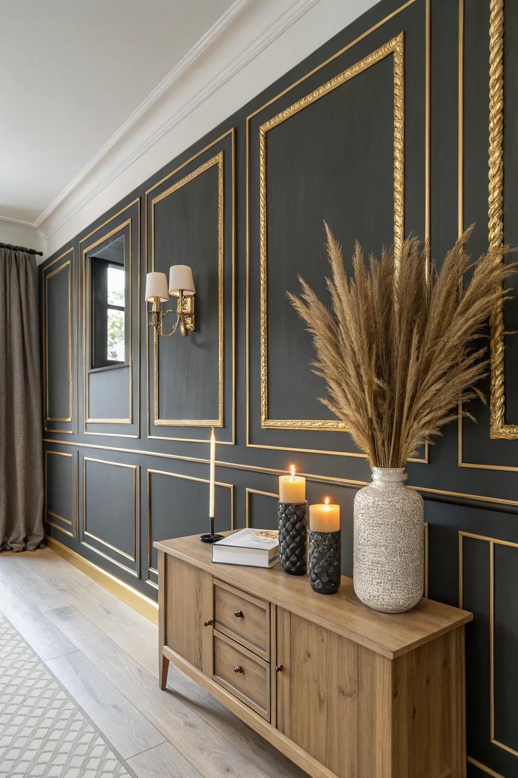 Add a touch of glamour with luxurious gold accents against a rich dark wainscoting backdrop.