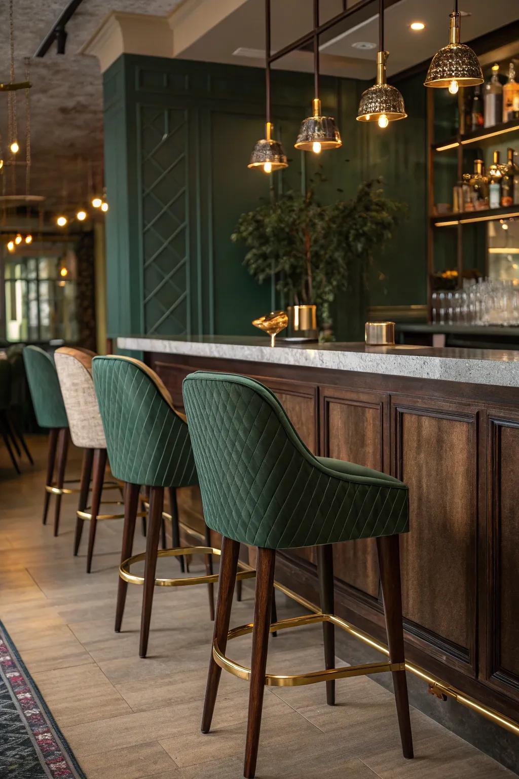 Complete your bar look with stylish bar stools. #BarSeating #ElegantDesign #HomeBar