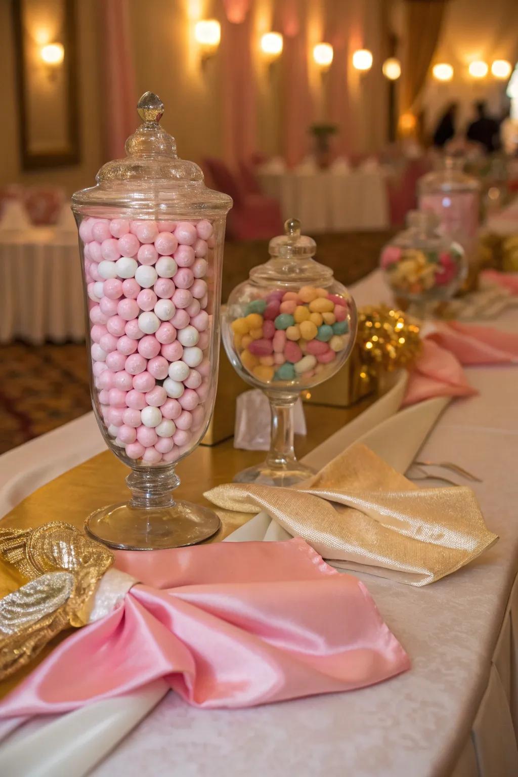 Fabric and candies together create a centerpiece that's rich in texture and style.