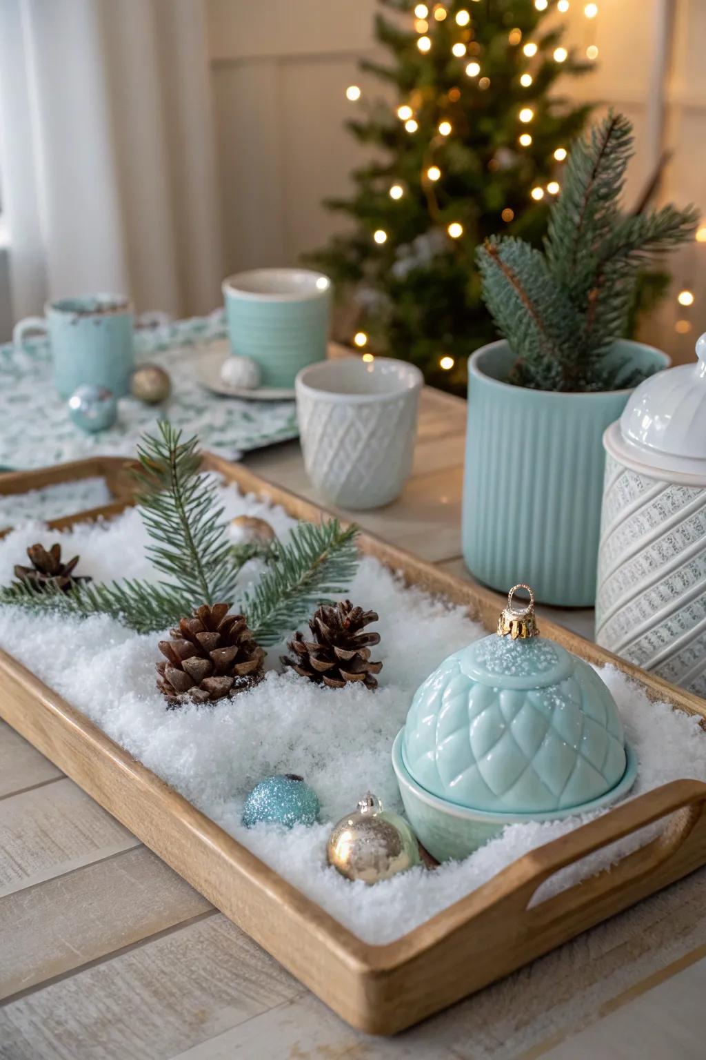 Transform your tray into a winter wonderland with snowy accents. #WinterWonderland #SnowyDecor ❄️