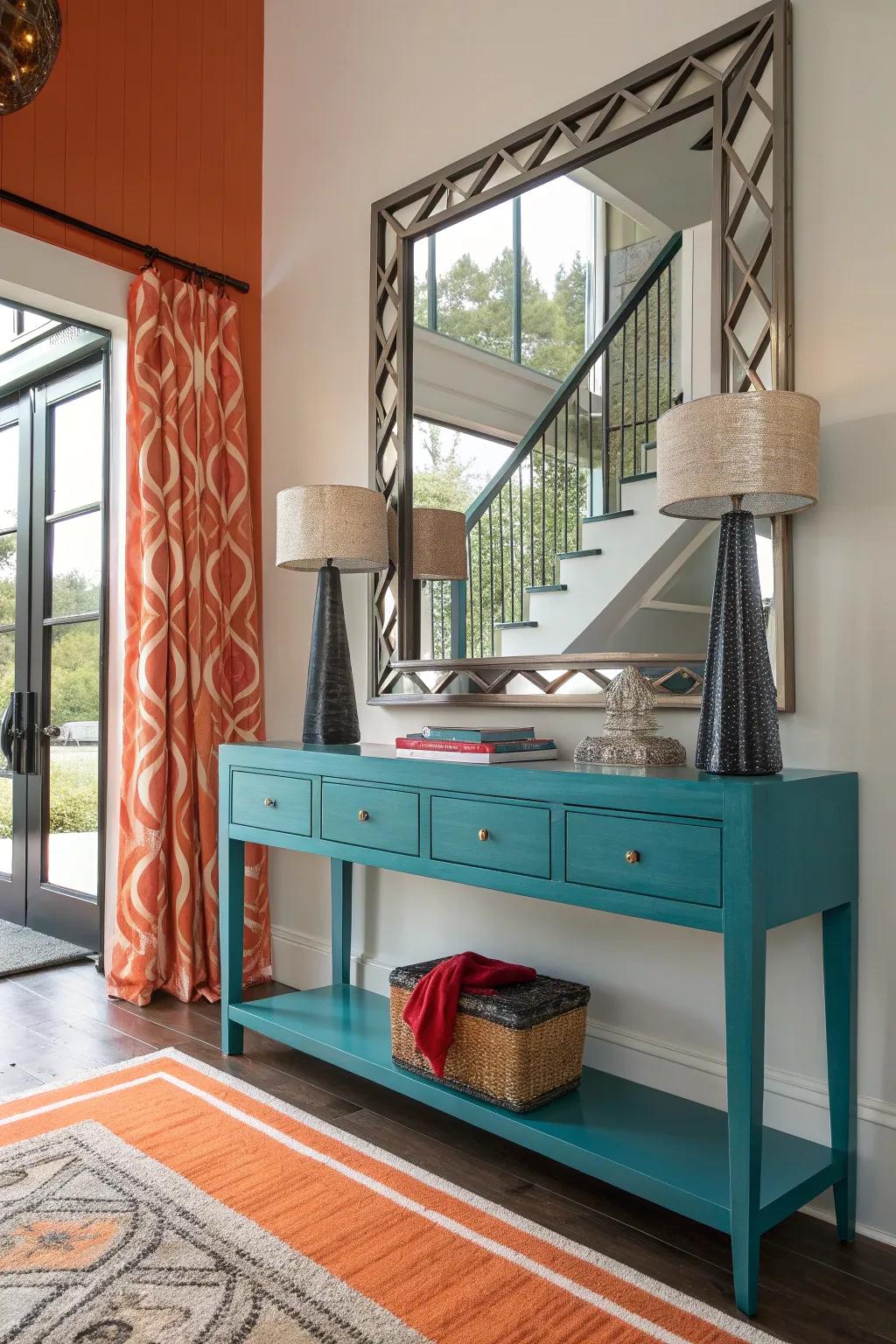 Go bold with asymmetrical mirrors for a contemporary twist in your entryway.