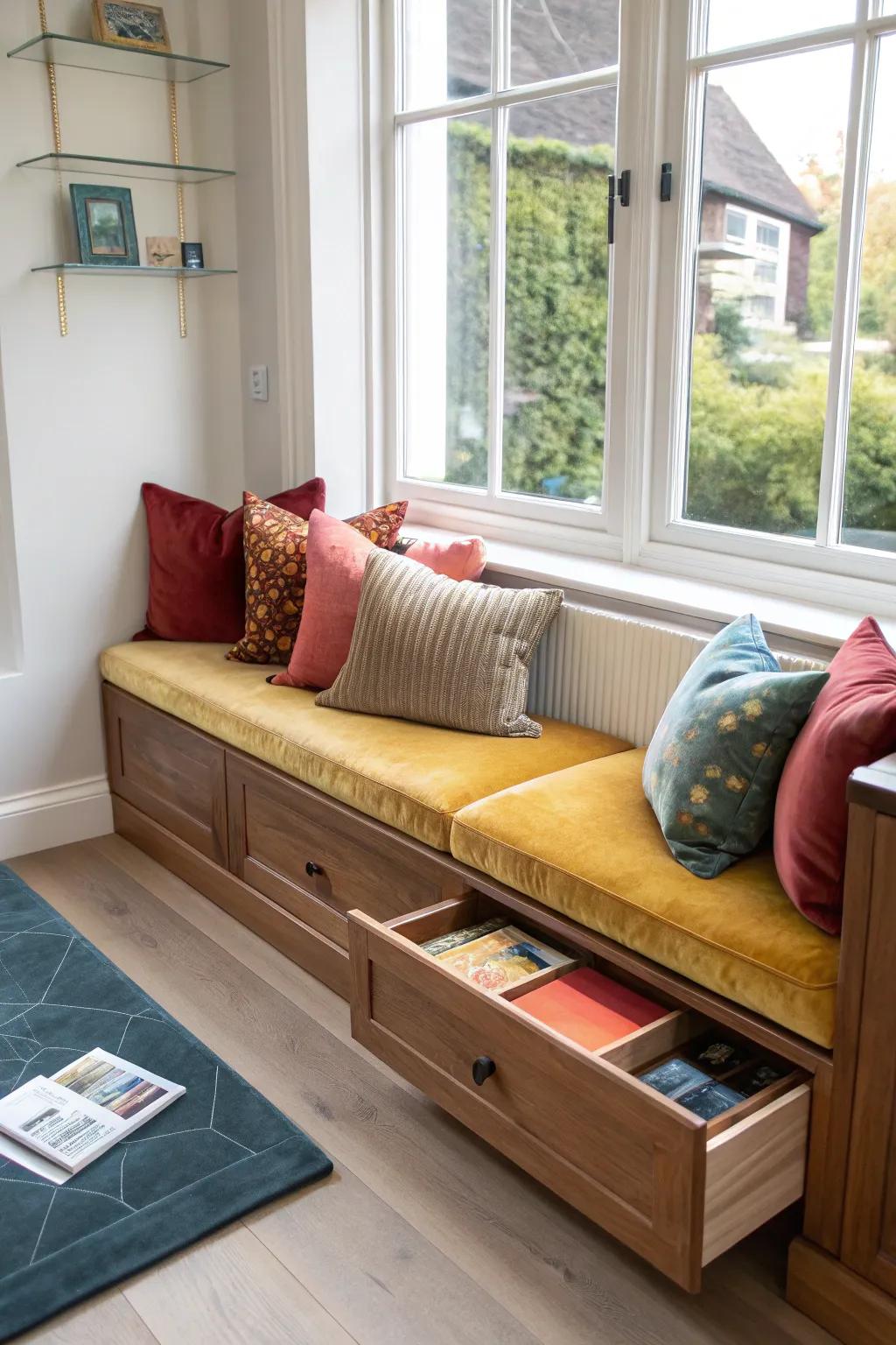 Keep your space tidy with a window seat that offers hidden storage solutions.