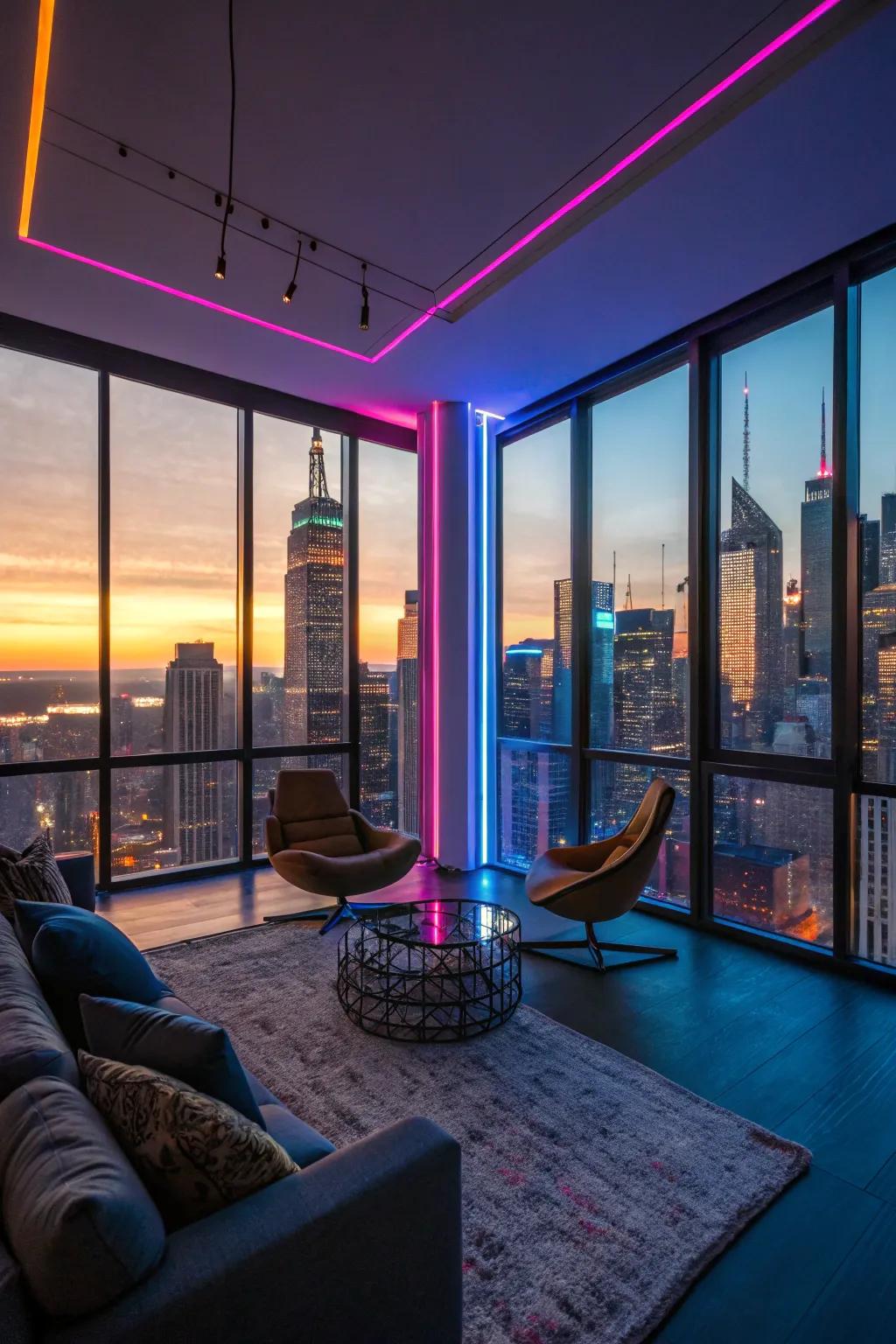 Urban views through large windows add the perfect cyberpunk touch to your room. 🌆 #CityVibes #UrbanLiving