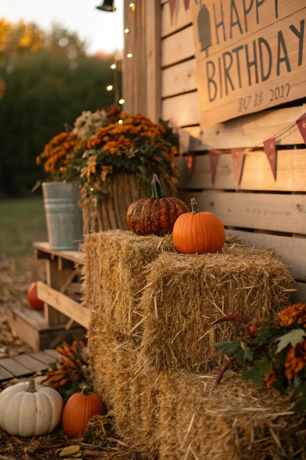 Highlight the rustic charm of fall with mini hay bales as part of your birthday board decor.