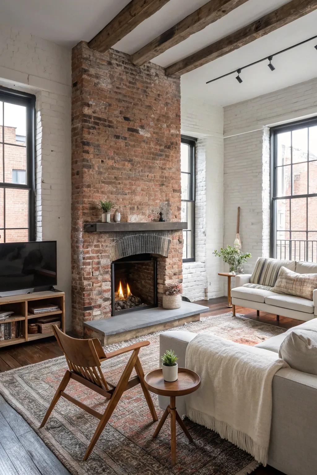 Add an urban edge with an industrial-chic fireplace wall.