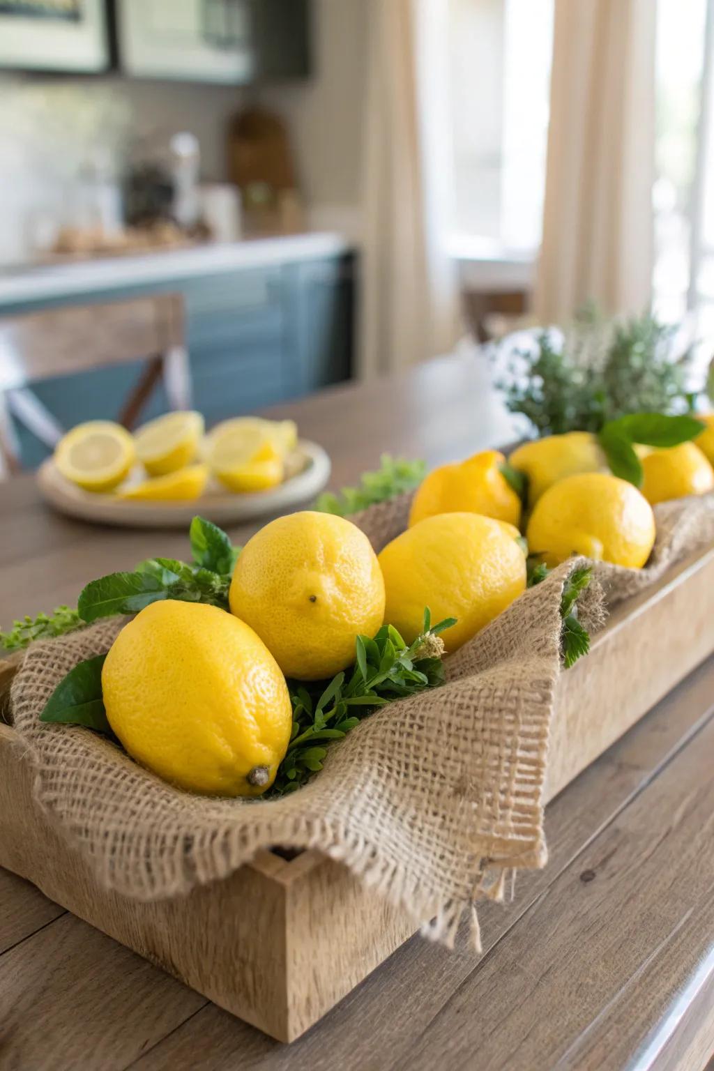 Bring rustic charm to your home with a burlap-lined tray of lemons, perfect for a cozy kitchen or dining room.