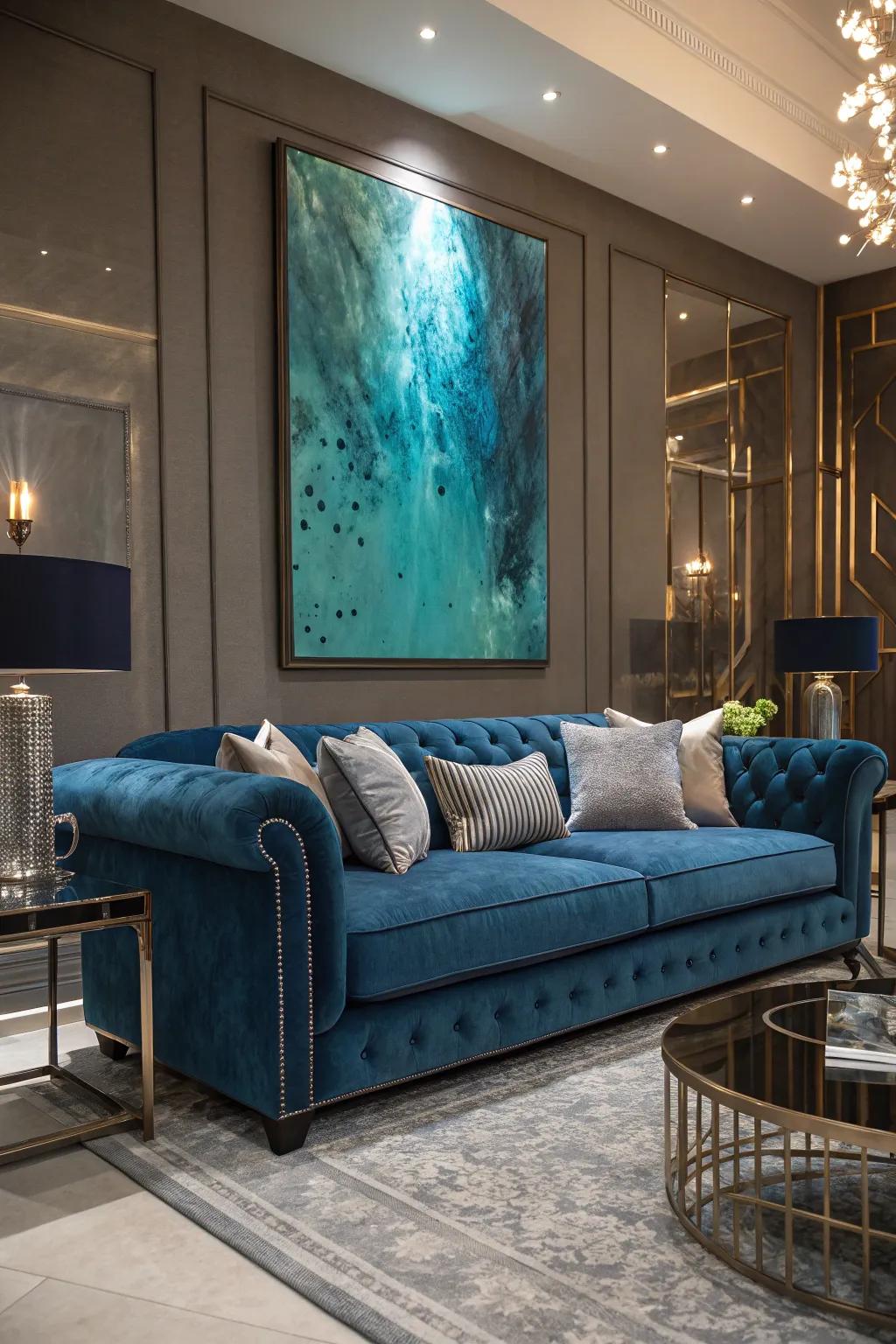 Enhance your living room with the regal elegance of sapphire blue and gray.