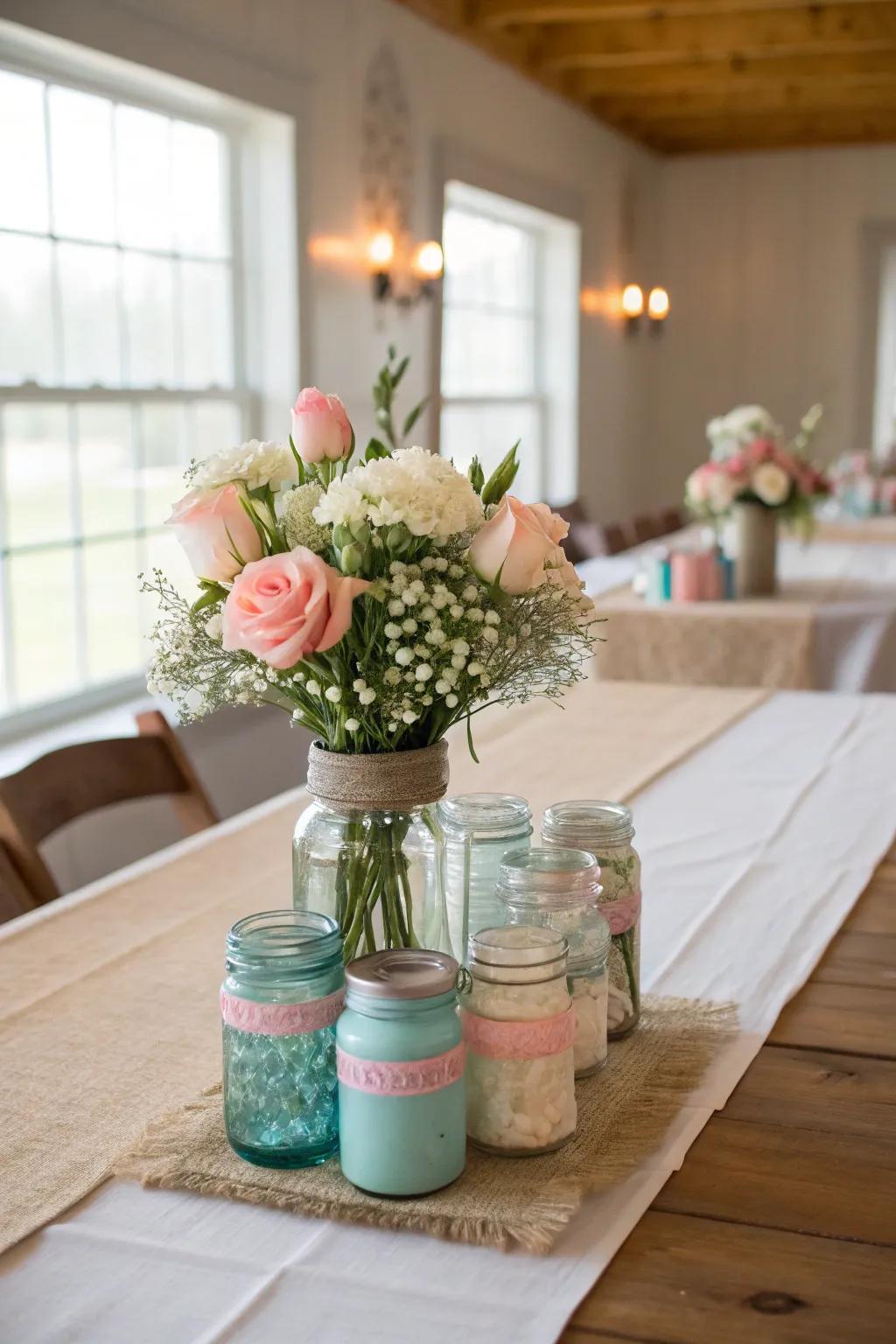 Express your creativity with an eclectic mix of mason jars, adding a playful and personalized touch to your wedding.
