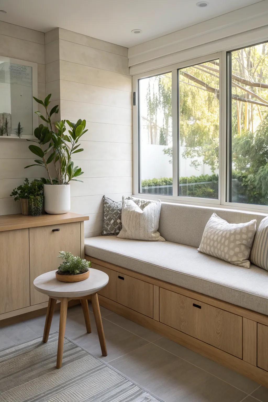 Embrace simplicity with minimalist banquette seating that soothes the senses.