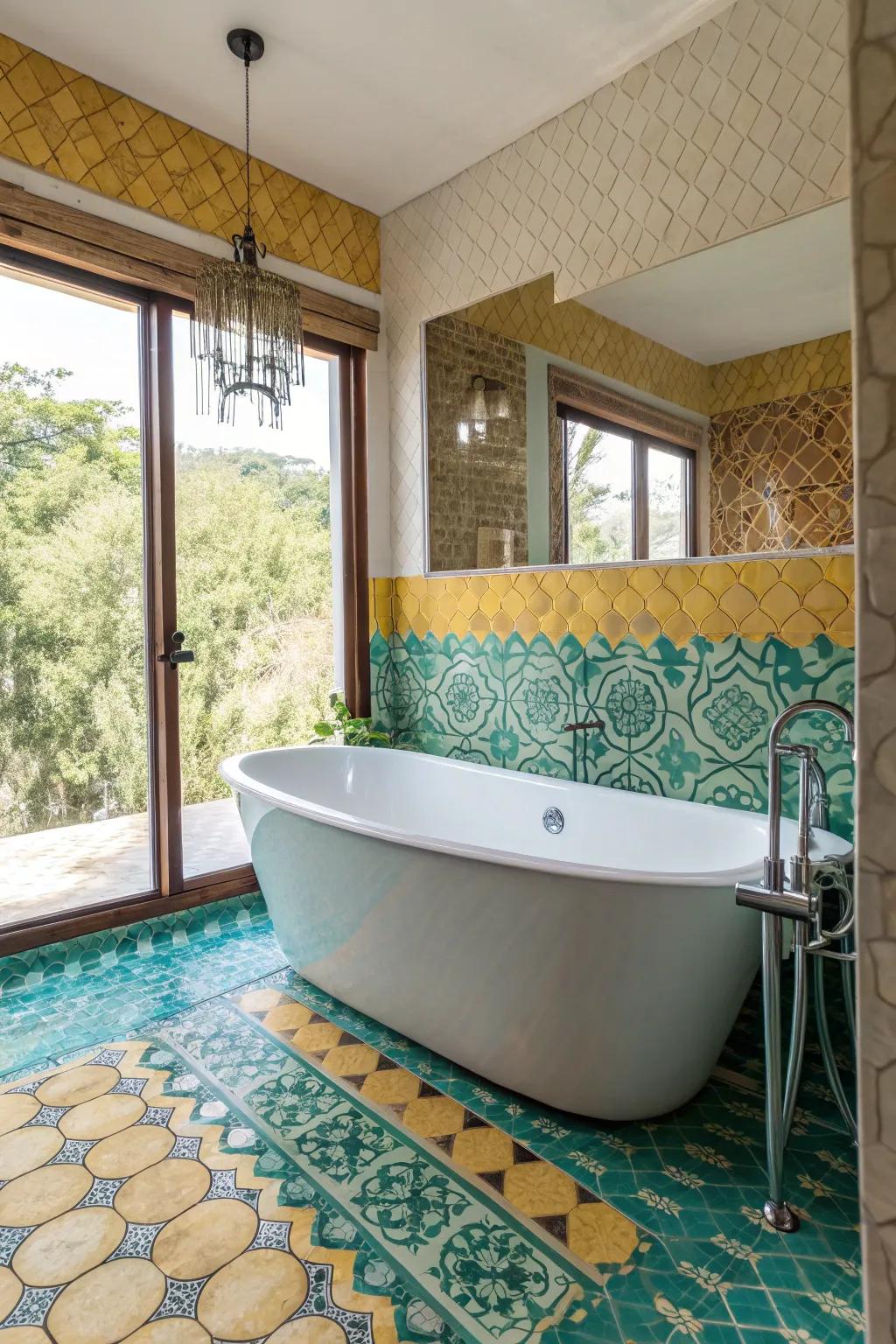 Accent your freestanding tub with a mosaic base, creating a luxurious focal point.