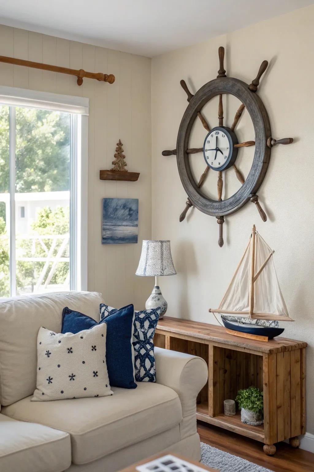 A nautical clock adds a practical yet stylish element to your living room.