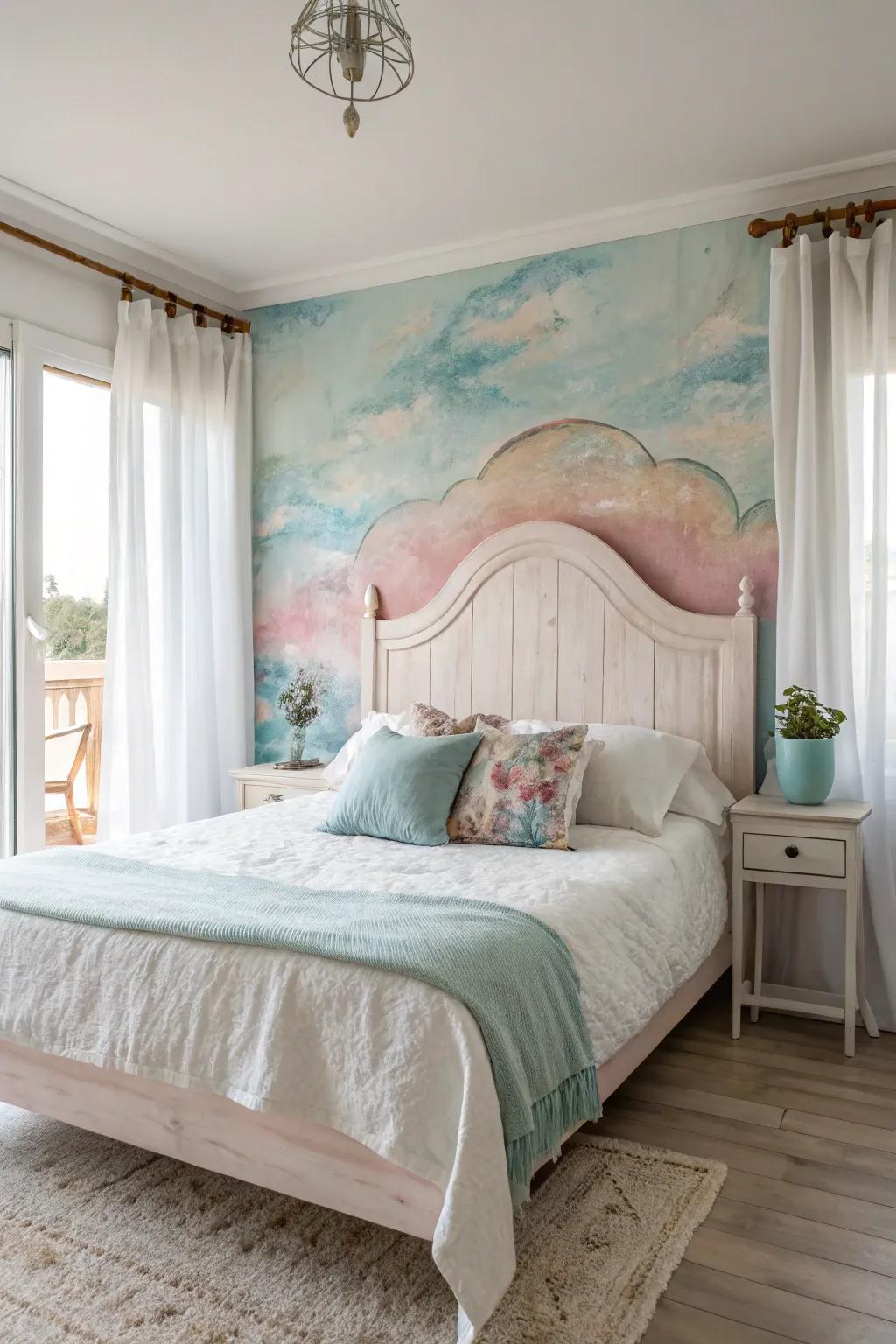 Dreamy watercolors create an ethereal vibe with this painted headboard design.