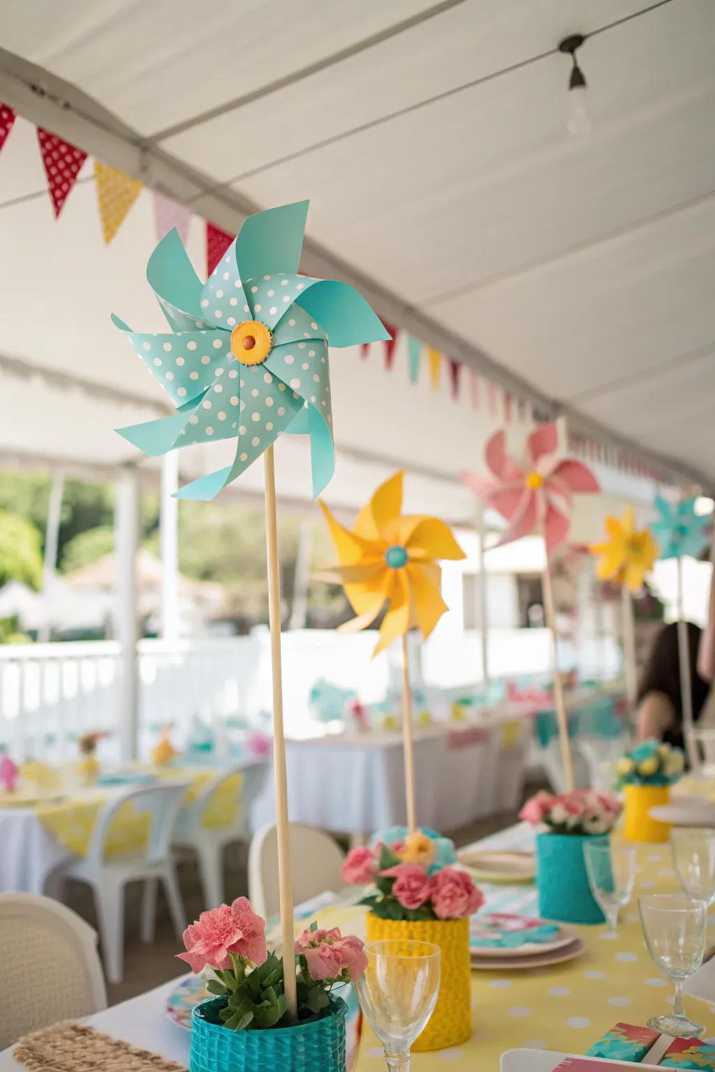 Bring a playful vibe to your party with whimsical pinwheels that add color and charm.