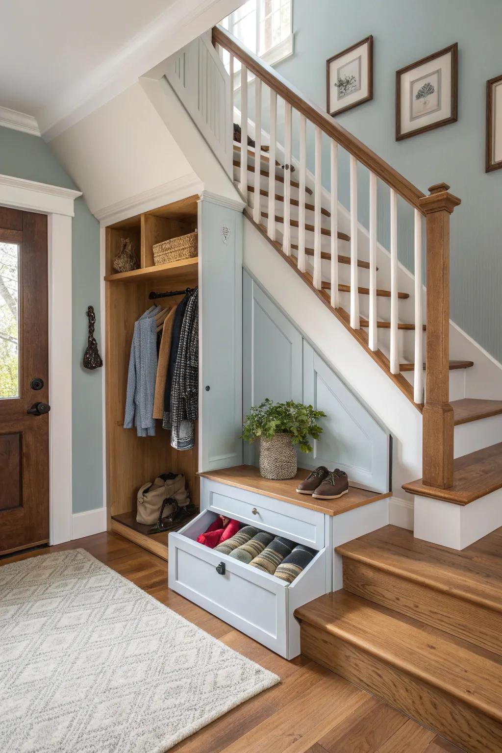 Keep it tidy with hidden shoe storage that blends seamlessly. #OrganizationGoals #EntrywayHacks