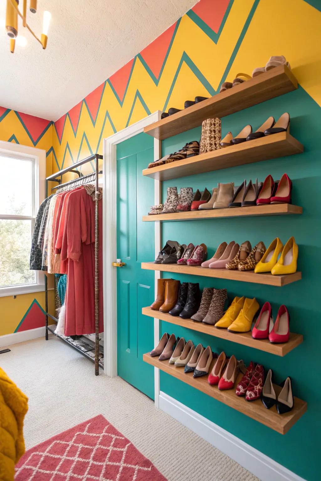 Step up your style with a dedicated shoe wall. 👟👠 #ShoeLover #ClosetGoals