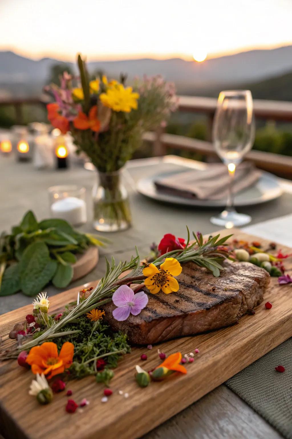 Infuse your steak board with nature's beauty using seasonal herbs and flowers.