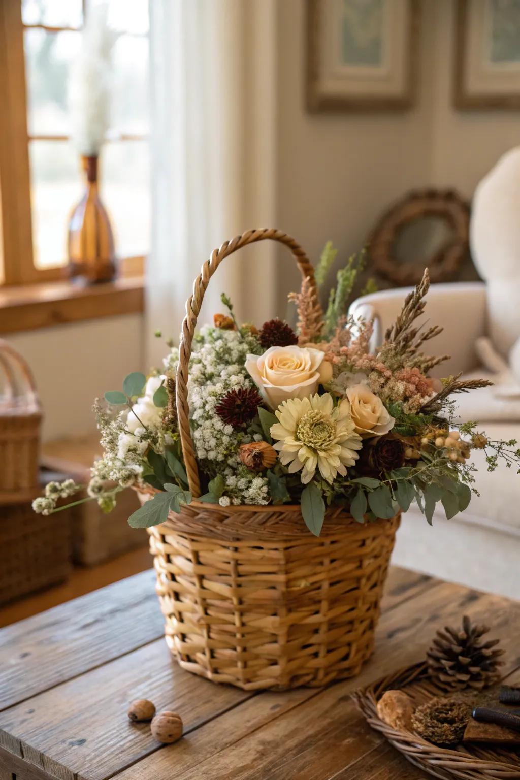 Embrace nature indoors with thrifted baskets filled with floral arrangements.